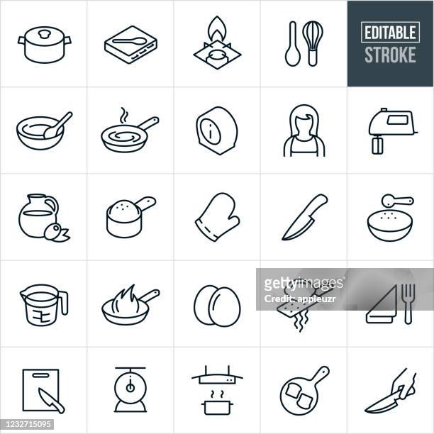 kochen thin line icons - editierbarer strich - garkochen stock-grafiken, -clipart, -cartoons und -symbole