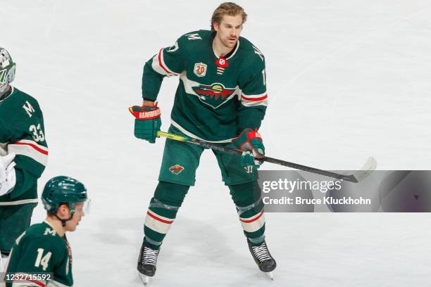 Marcus Foligno of the Minnesota Wild warms up prior to the game against the Vegas Golden Knights at the Xcel Energy Center on May 5, 2021 in Saint...