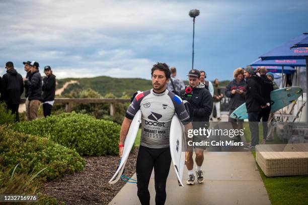 Jeremy Flores of France surfing in Heat 2 of Round 4 of the Boost Mobile Margaret River Pro presented by Corona on May 6, 2021 in Margaret River, WA,...