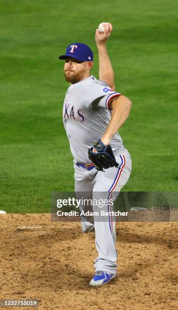 Ian Kennedy of the Texas Rangers pitches in the ninth inning against the Minnesota Twins at Target Field on May 05, 2021 in Minneapolis, Minnesota....