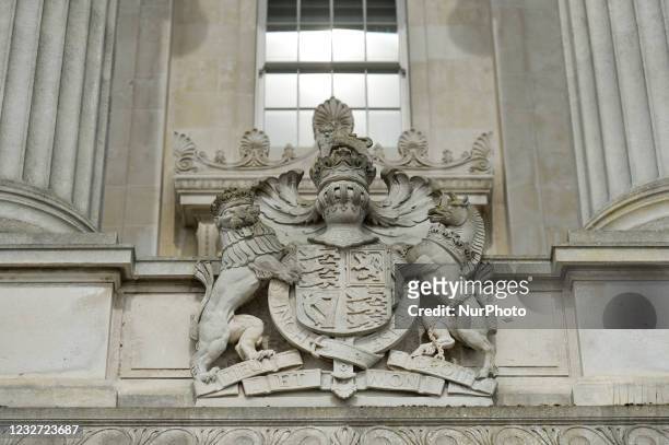 Royal Coat of Arms above the door of Parliament Buildings, Stormont, Belfast, home of the Northern Ireland Assembly. On Monday, April 19 in Belfast,...