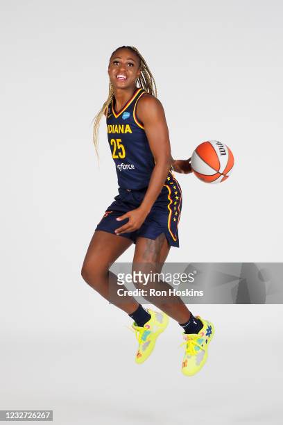 Tiffany Mitchell of the Indiana Fever poses for a portrait during the WNBA Media Day at Bankers Life Fieldhouse on May 3, 2021 in Indianapolis,...