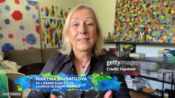 In this handout screengrab released on May 6 , Laureus Academy Member Martina Navratilova speaks during the Laureus World Sports Awards 2021 Virtual...
