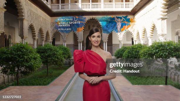 In this handout screengrab released on May 6, Host Paz Vega poses during the Laureus World Sports Awards 2021 Virtual Award Ceremony in Seville,...