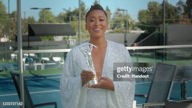 In this handout screengrab released on May 6, Naomi Osaka speaks after winning the Laureus World Sportswoman of the Year Award during the Laureus...