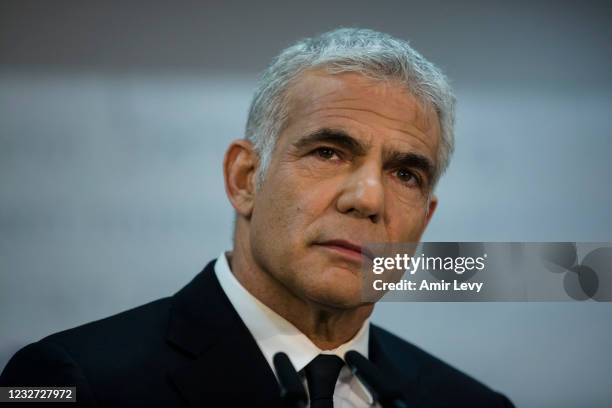 Opposition and Yesh Atid Party leader, Yair Lapid, attends a press conference on May 6, 2021 in Tel Aviv, Israel. Israeli President Reuven Rivlin...
