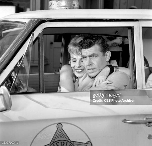 Pictured from left is Joyce Jameson and Andy Griffith in THE ANDY GRIFFITH SHOW. Episode, "The Arrest of the Fun Girls," air date April 5, 1965....