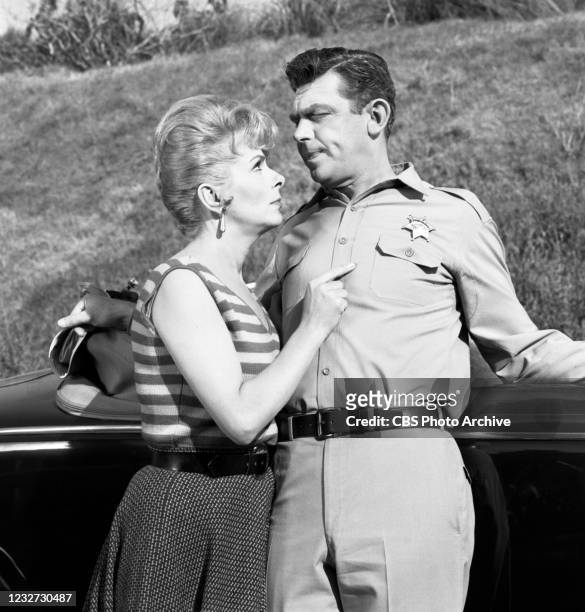 Pictured from left is Joyce Jameson and Andy Griffith in THE ANDY GRIFFITH SHOW. Episode, "The Arrest of the Fun Girls," air date April 5, 1965....