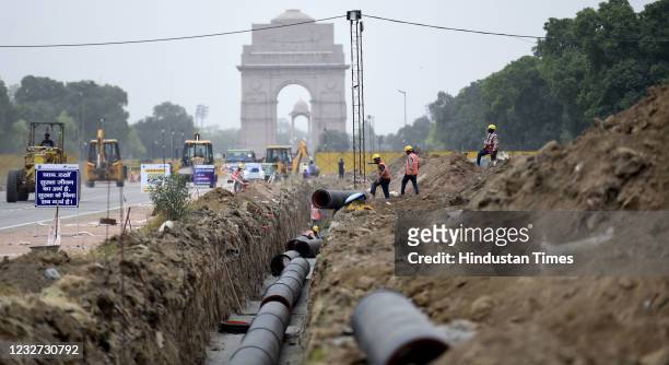 Rajpath dug up as part of construction work in the Central Vista Redevelopment project on May 6, 2021 in New Delhi, India.