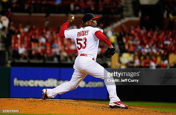 Arthur Rhodes of the St. Louis Cardinals throws against the Colorado Rockies at Busch Stadium on August 14, 2011 in St. Louis, Missouri.