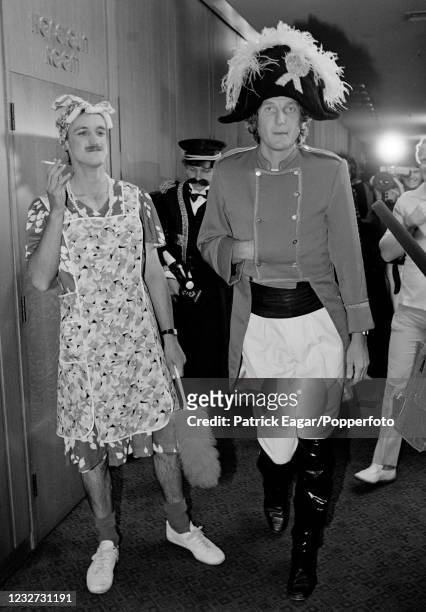 England cricketers Chris Tavaré and Bob Willis with David Gower attending the England cricket team's fancy dress Christmas lunch before the 4th Test...