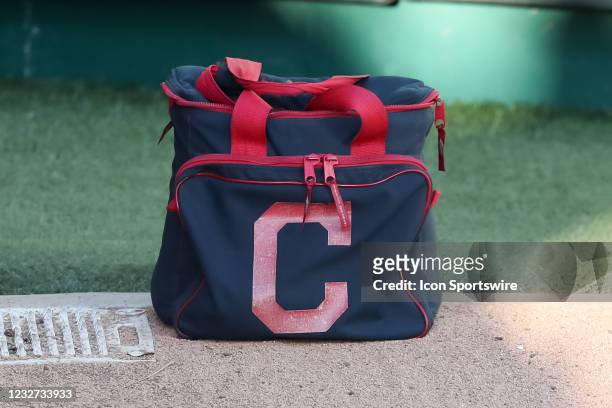 View of a bag with the Cleveland Indians logo before an MLB game against the Kansas City Royals on May 04, 2021 at Kauffman Stadium in Kansas City,...