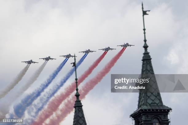 Russian fighter jets perform during a rehearsal for the Victory Day military parade at Red Square in Moscow, Russia on May 07, 2021. Russia will...