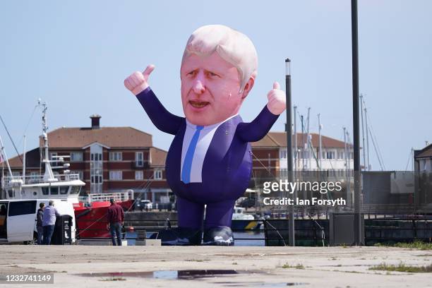 30ft inflatable Boris Johnson erected in Hartlepool Marina ahead of a visit by Prime Minister Boris Johnson after the Conservative Party candidate...