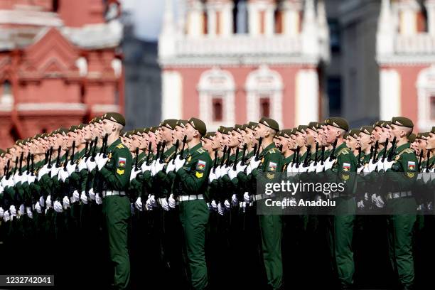 Russian officers and soldiers take part in the general rehearsals of the Victory Day Parade inf front of the Kremlin at Red Square, on May 7, 2021 in...