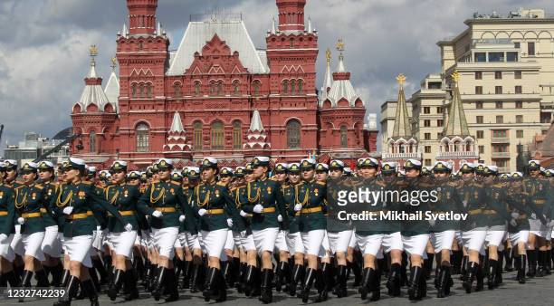 Russian female officers march during the general rehearsals of the Victory Day Parade at Red Square, on May 7, 2021 in Moscow, Russia. The military...