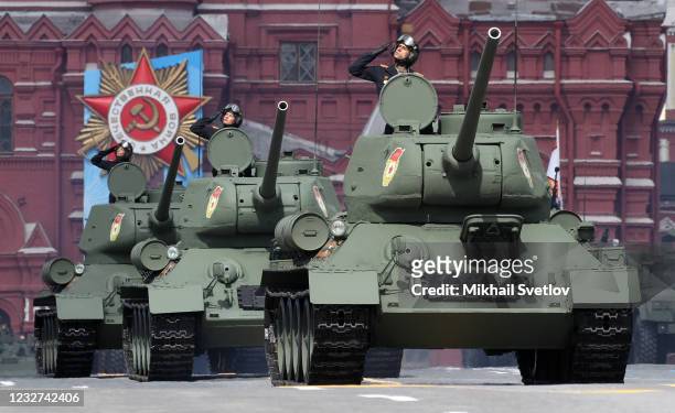Russian tanks roll during the general rehearsals of the Victory Day Parade at Red Square, on May 7, 2021 in Moscow, Russia. The military parade at...