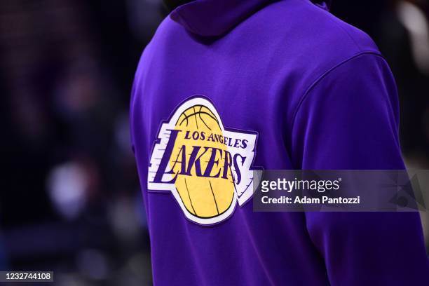 The Los Angeles Lakers logo pictured on a jacket before the game against the LA Clippers on May 6, 2021 at STAPLES Center in Los Angeles, California....