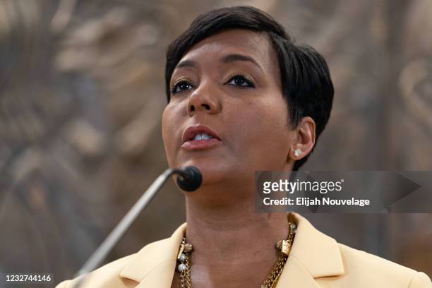 Atlanta Mayor Keisha Lance Bottoms announces that she will not seek reelection at a press conference at City Hall on May 7, 2021 in Atlanta, Georgia....