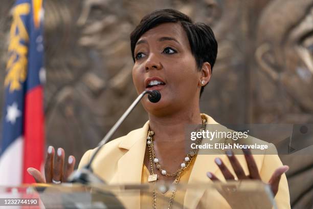 Atlanta Mayor Keisha Lance Bottoms announces that she will not seek reelection at a press conference at City Hall on May 7, 2021 in Atlanta, Georgia....