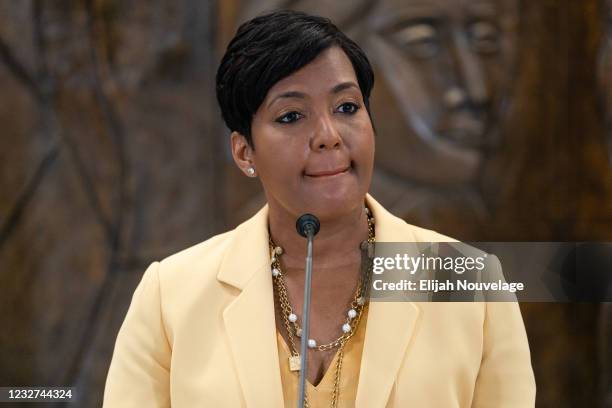 Atlanta Mayor Keisha Lance Bottoms announces that she will not seek reelection at a press conference at City Hall on May 7, 2021 in Atlanta, Georgia....