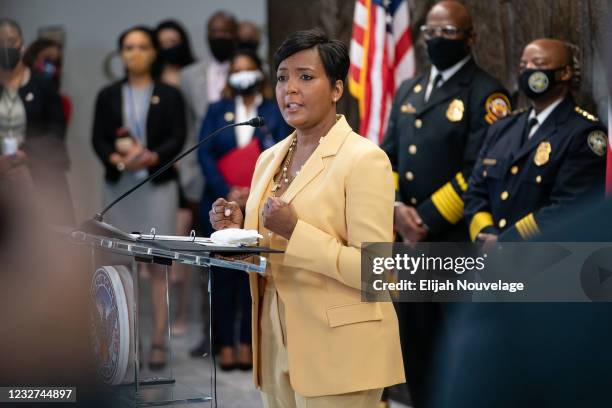 Atlanta Mayor Keisha Lance Bottoms announces that she will not seek reelection at a press conference at City Hall on May 7, 2021 in Atlanta, Georgia....