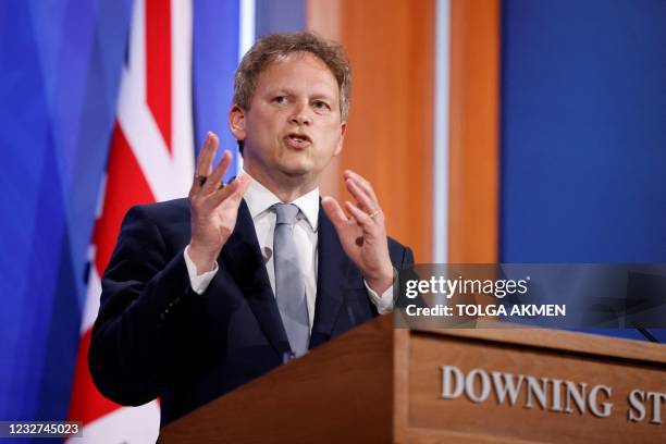 Britain's Transport Secretary Grant Shapps gives a virtual press conference inside the new Downing Street Briefing Room in central London on May 7,...
