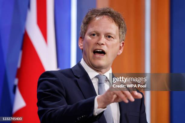 Britain's Transport Secretary Grant Shapps gives a virtual press conference inside the new Downing Street Briefing Room on May 7, 2021 in London,...