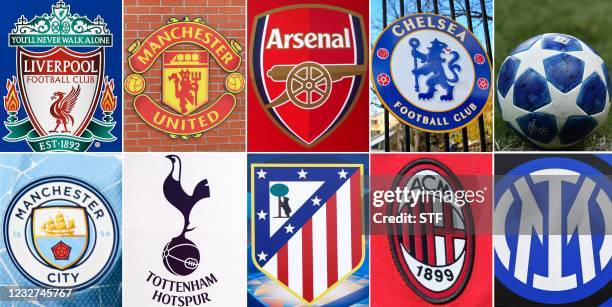 This combination of file pictures made on April 19 shows the logos of the following European football clubs: Liverpool on May 30, 2019 in Madrid;...