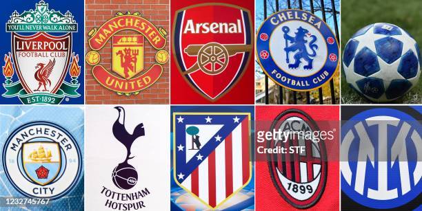This combination of file pictures made on April 19 shows the logos of the following European football clubs: Liverpool on May 30, 2019 in Madrid;...