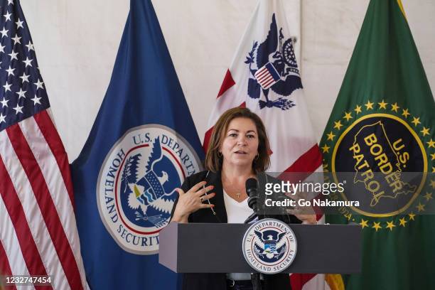 Representative Linda Sanchez attends a press conference at a temporary Customs and Border Protection processing center on May 7, 2021 in Donna,...