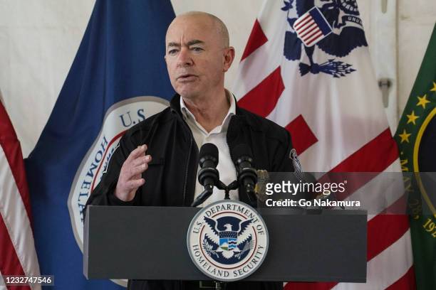 Department of Homeland Security Secretary Alejandro Mayorkas attends a press conference at a temporary Customs and Border Protection processing...