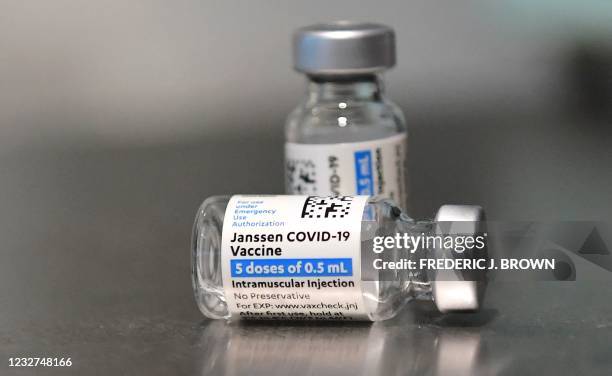Johnson & Johnson Covid-19 vaccines are seen on a table on May 7, 2021 in Los Angeles, California, at a vaccination clinic setup by Los Angeles...