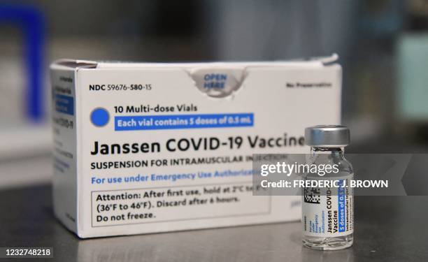 Johnson & Johnson Covid-19 vaccines are seen on a table on May 7, 2021 in Los Angeles, California, at a vaccination clinic setup by Los Angeles...