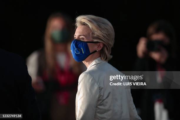 President of the European Commission Ursula von der Leyen arrives for an informal dinner event at the Crystal Palace in Porto, on May 7 within the...
