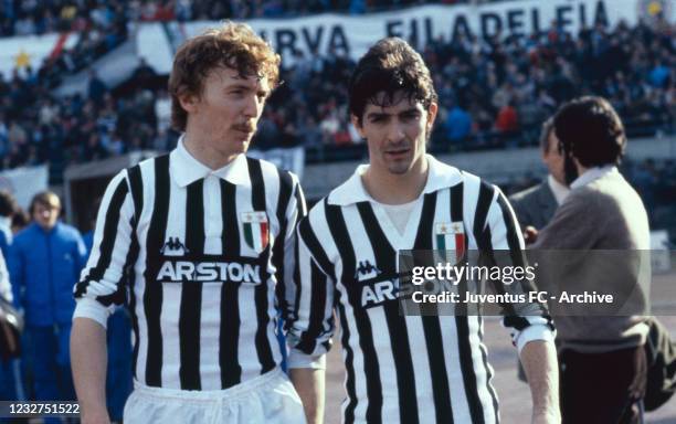 Juventus player Zbigniew Boniek and Paolo Rossi during a match on 1984 in Turin, Italy.
