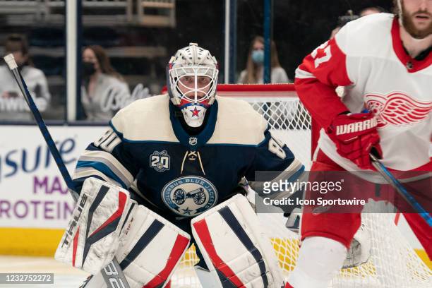 Matiss Kivlenieks of the Columbus Blue Jackets tends net during the game between the Columbus Blue Jackets and the Detroit Red Wings at Nationwide...