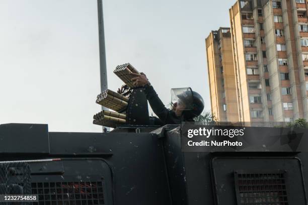 Colombian military vehicle is seen during a new day of protests, on May 07, 2021 in Medellin, Colombia. Human Rights Watch denounces the use of tanks...