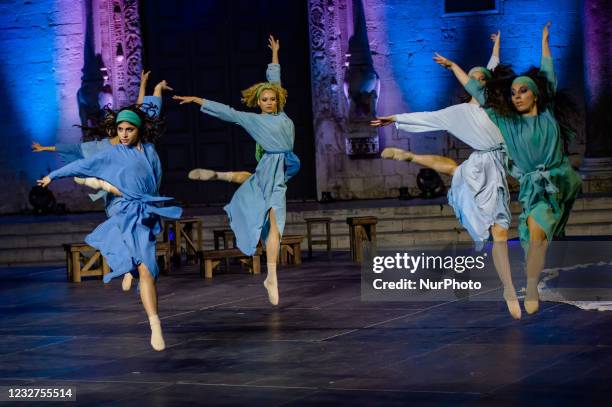 Dancers during the show on the occasion of the Feast of San Nicola in front of the Basilica of San Nicola in Bari on May 7, 2021. The Basilica of San...