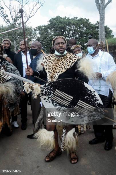 Newly elected Zulu monarch Prince Misuzulu Zulu arrives with Amabutho, Zulu regiments, to attend the provincial memorial service at the...