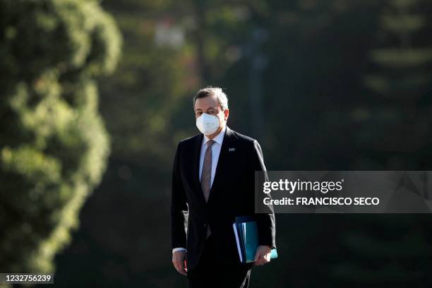 Italy's Prime Minister Mario Draghi arrives at the Palacio de Cristal for an informal meeting in the framework of the European Social Summit in...