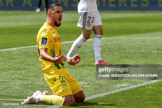 Nantes' French midfielder Imran Louza celebrates after scoring a goal during the French L1 football match between FC Nantes and Girondins de Bordeaux...