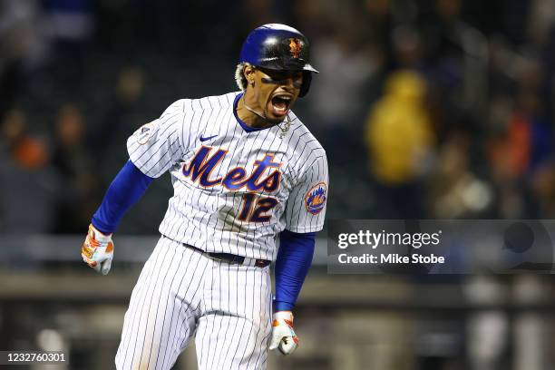 Francisco Lindor of the New York Mets reacts after hitting a two-run home run in the seventh inning against the Arizona Diamondbacks at Citi Field on...