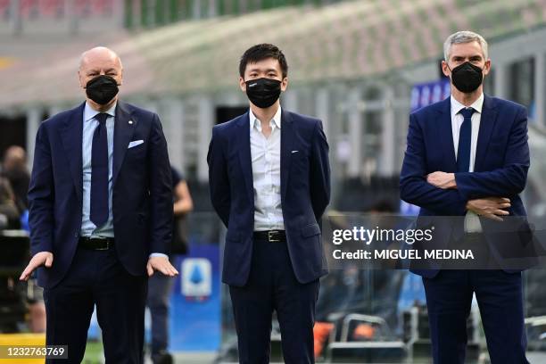 Inter Milan's CEO Giuseppe Marotta, Inter President Steven Zhang and Inter's Delegate Manager Alessandro Antonello attend the Serie A football match...