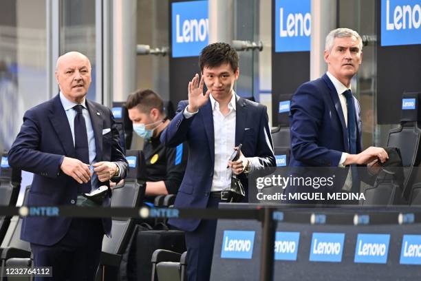 Inter Milan's CEO Giuseppe Marotta, Inter President Steven Zhang and Inter's Delegate Manager Alessandro Antonello attend the Serie A football match...