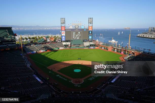 General view of the field featuring the Say Hey 90 logo in honor of Hall of Famer Willie Mays 90th Birthday prior to the game between the San Diego...