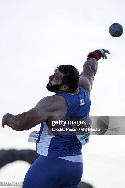 Asmir Kolasinac of Serbia competes in shot put during the European throwing cup at the historical Salona venue on May 08, 2021 in Split, Croatia.