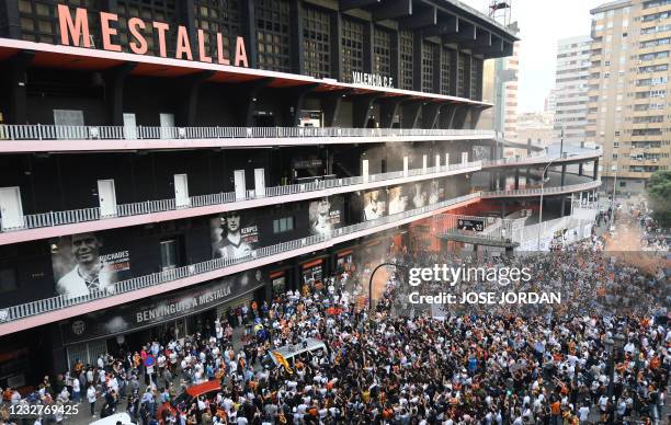 Valencia CF fans take part in a protest against the management of Singaporean Business magnate and owner of the club, Peter Lim, outside the Mestalla...