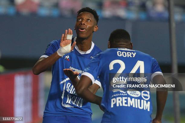 Troyes' forward Dylan Saint-Louis celebrates after he scored a goal during the French Ligue 2 football match between Troyes and Dunkerque on May 8,...