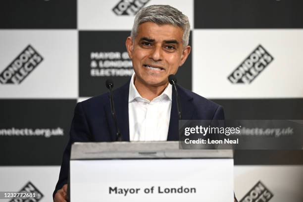 Sadiq Khan speaks after being re-elected as London mayor for second term at the London election count declaration on May 8, 2021 in London, England....